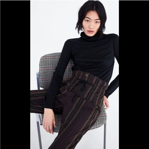 Zara Paper Bag Waist Pants Striped M - Picture 2 of 12